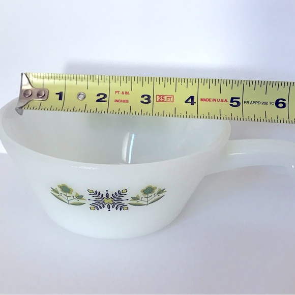 Anchor Hocking Fire King Milk Glass Meadow Green Bar Handle Soup Bowl 70s - Picture 11 of 12